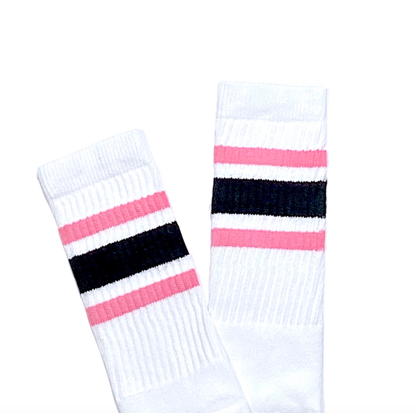 Retro Stripe Knee High Tube Socks, White with Pink & Black Stripes, 19” Vintage Style Skater Socks