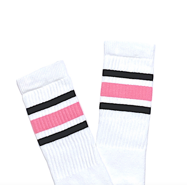 Retro Stripe Knee High Tube Socks, White with Black & Pink Stripes, 22” Vintage Roller Girl Socks