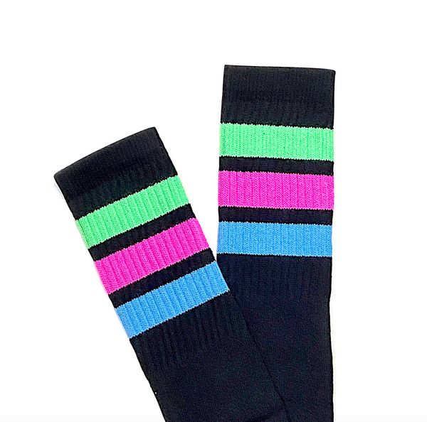 Retro Stripe Knee High Tube Socks, Black with Neon Green, Pink & Blue Stripes, 22” Old School Style Socks