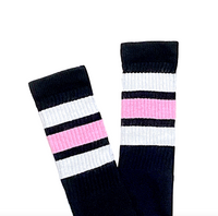 Retro Stripe Under the Knee Tube Socks, Black with White & Light Pink Stripes, 19” Vintage Roller Derby Style Socks
