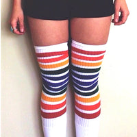 White Double Rainbow Stripe Thigh High Pride Socks