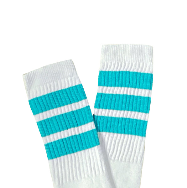 White with Aqua Stripes Knee High Skater Socks