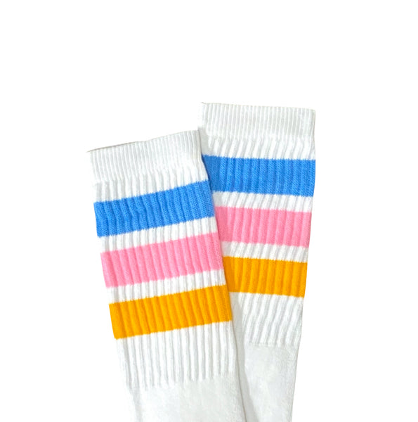 White with Light Pink, Blue & Gold Stripes Knee High Skater Socks
