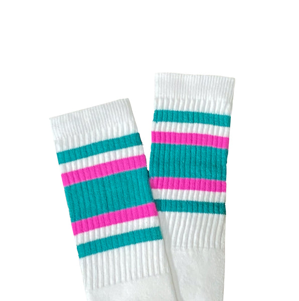 White with Teal & Fuchsia Stripes Knee High Skater Socks